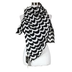 Marimekko Black White Suomo Fish Wavy Uniqlo Collab Cotton Linen Scarf 21" NWT